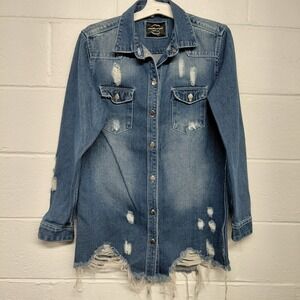American Bazi WomenS Blue Distressed Denim Button Up Shacket Jacket Size MEDIUM
